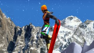 A screenshot of a snowboarder performing a trick in the air during the PS2 game SSX Tricky