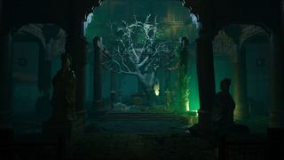 A dead tree in a courtyard during the upcoming PC game Vampire The Masquerade Bloodlines 2.