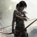 Lara Croft armed with a bow in Tomb Raider, poised for action