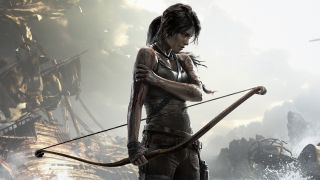 Lara Croft armed with a bow in Tomb Raider, poised for action