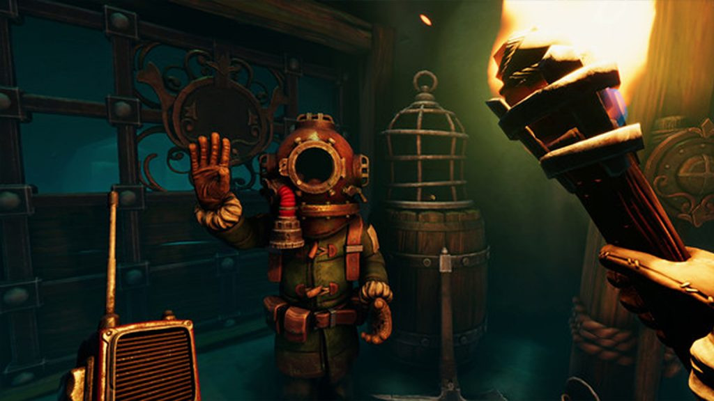 Image of a character holding a torch looking at a waving diving suit in We Were Here Forever
