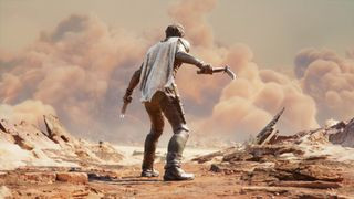 Paul Atreides preparing to ride a Sandworm in the upcoming PC game, Dune: Awakening.