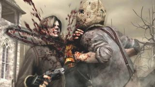 Leon getting hit with a chainsaw in his arm in the PS2 game Resident Evil 4