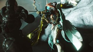 Warframe promo image of a mech with glowing blue eyes aiming a gold bow at an enemy on the left hand side of the image