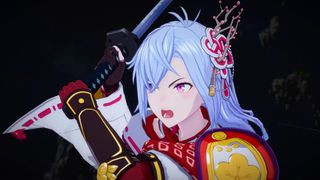 A character shouting while holding a sword during the upcoming PC game Rune Factory: Guardians of Azuma.