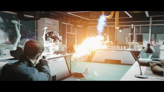 James Bond causes an explosion in a lab gunfight in 007 First Light